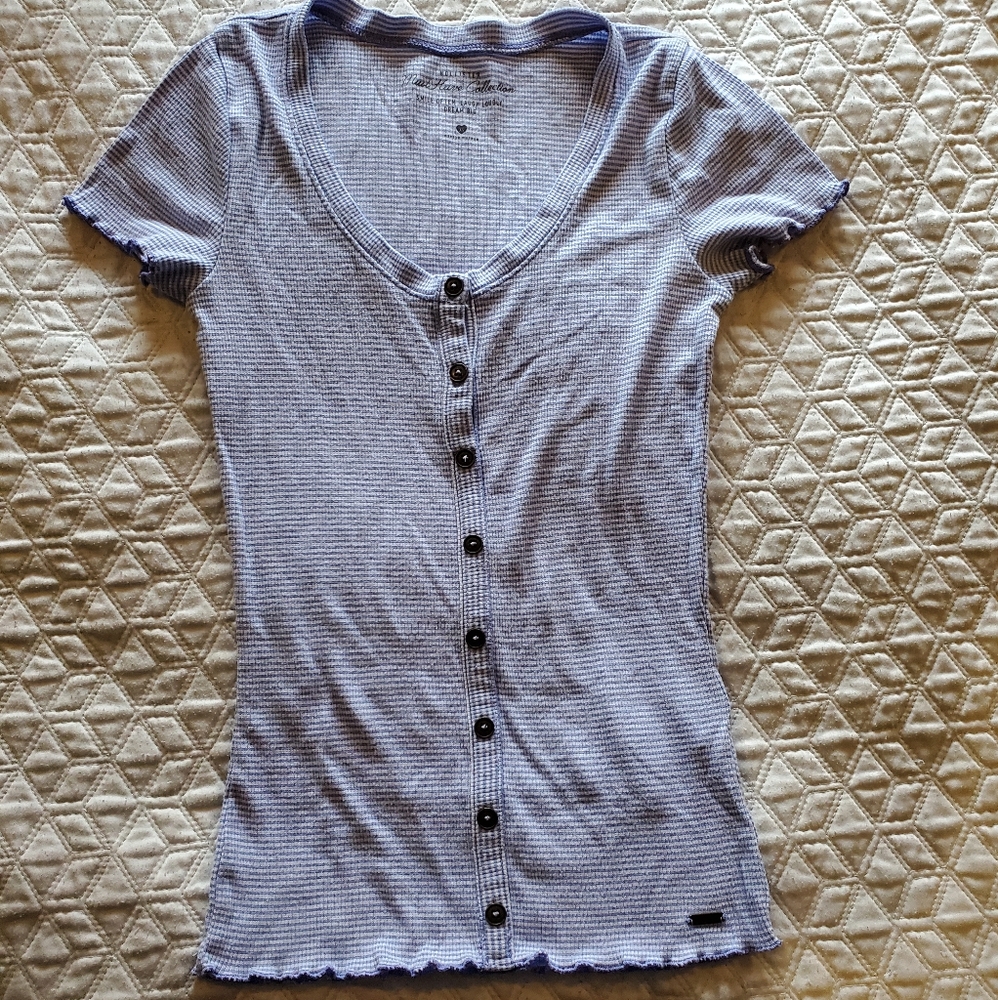 Baby-blue and white striped Hollister top